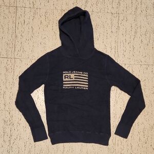 Ralph Lauren Polo Jeans Co Waffle Knit American Flag Pullover Hoodie Sweater Y2K